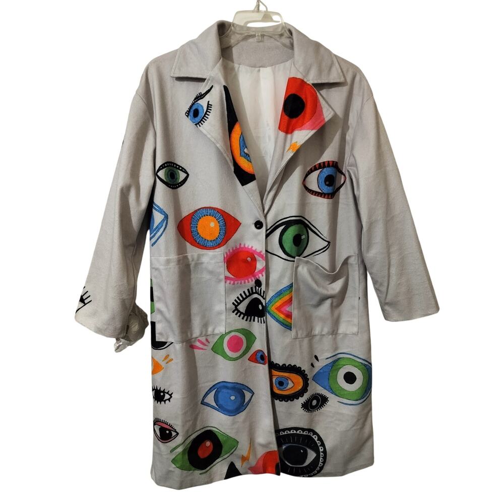 5951)Women Fall Winter Tweed Allover Evil Eye Print Oversized Coat Large